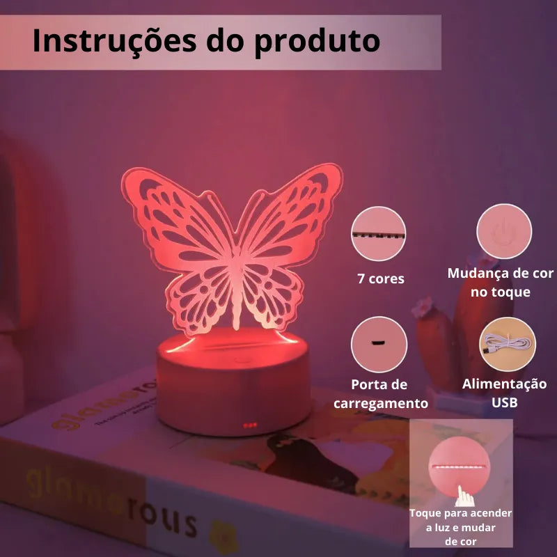 Luminária De Mesa Abajur borboleta Sem Fio RBG Touch