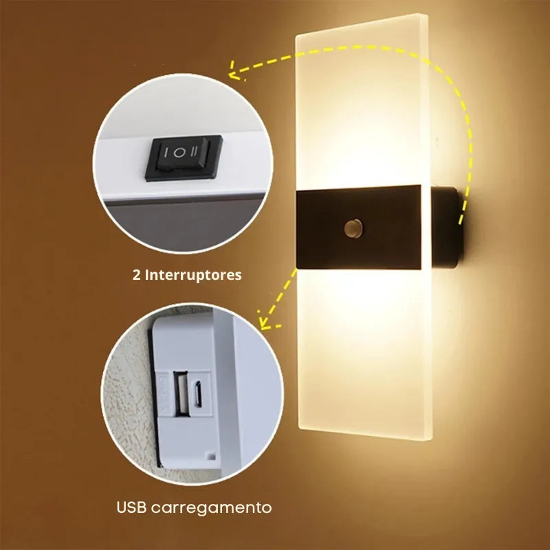 Arandela de Parede Sem fio LED Nordic Sconce – Sensor de Movimento e Toque, Recarregável USB
