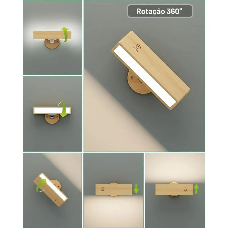 Luminária De Parede Arandela Sem Fio Rotativa WoodMag