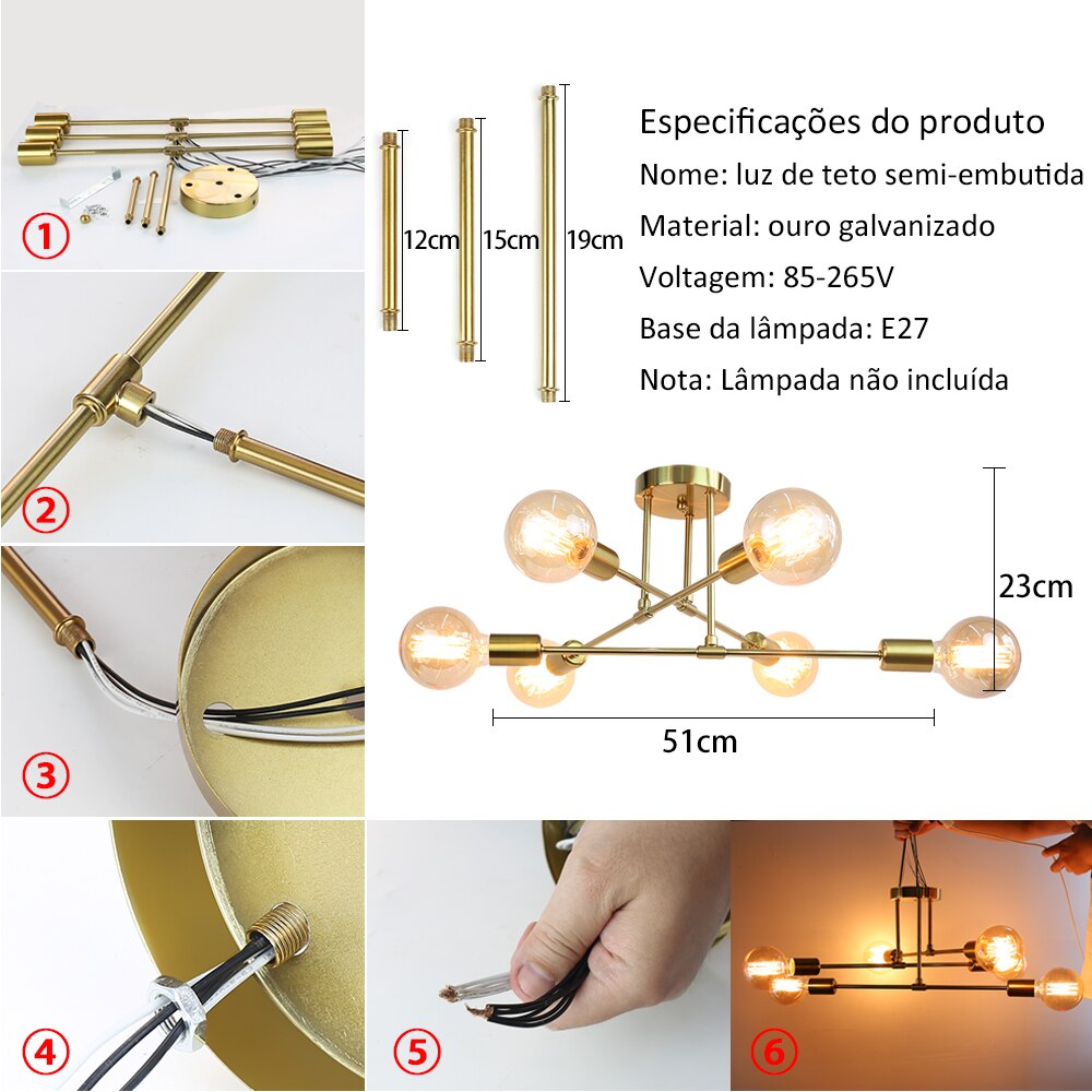 Lustre de Teto Minimalista Dourado Premium